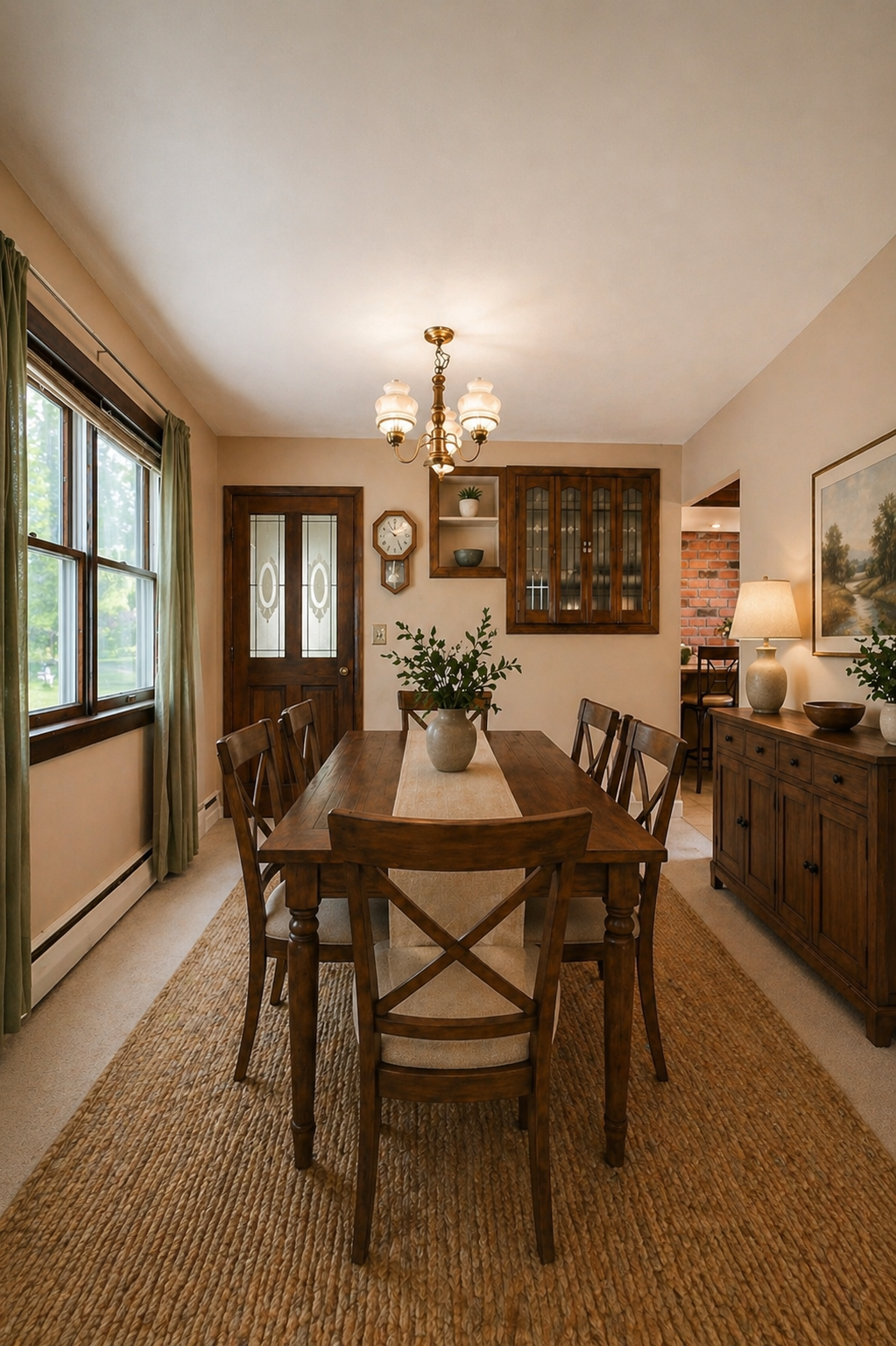 Same dining room after virtual staging — farmhouse table, sage curtains, warm wood