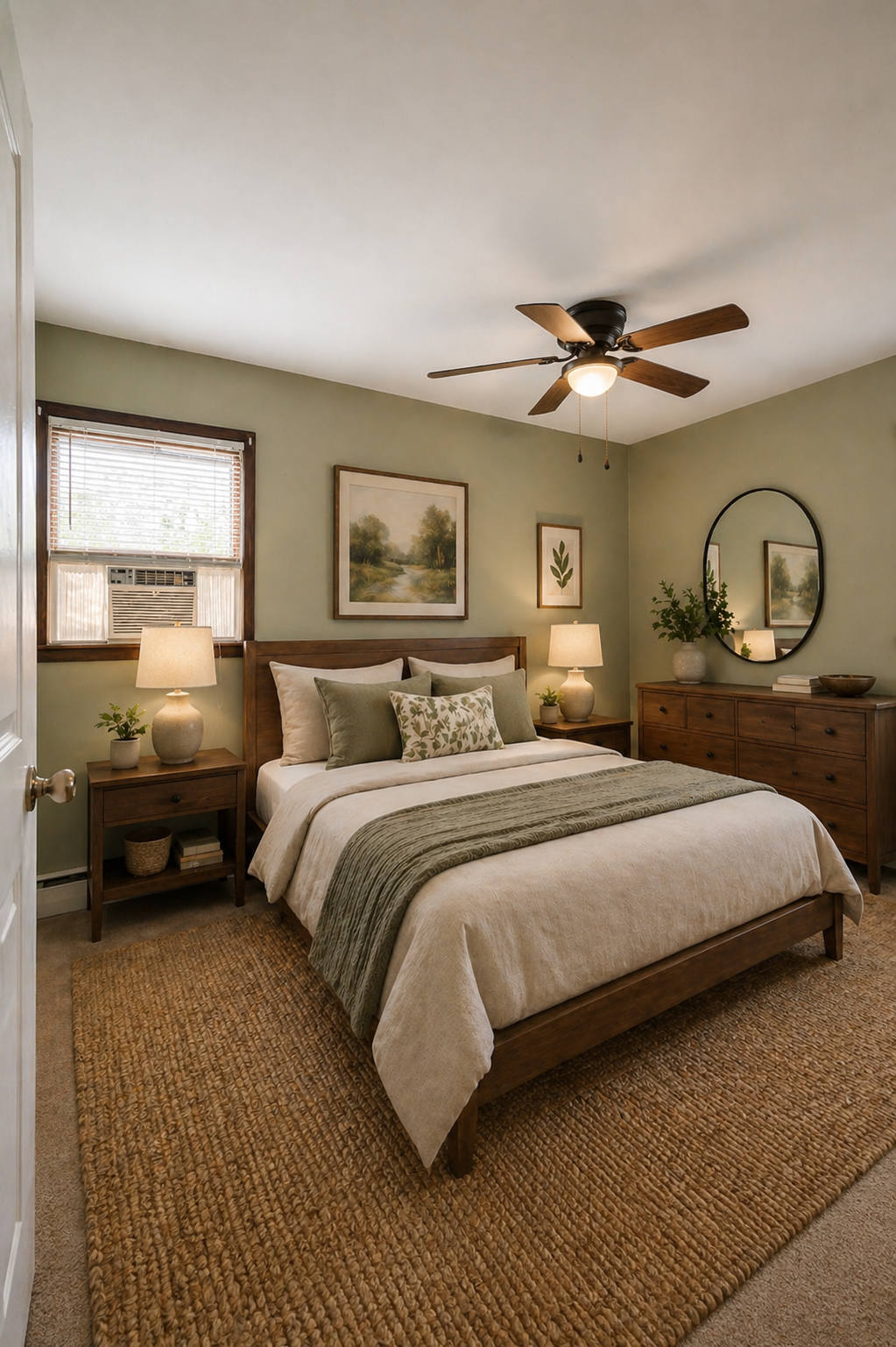 Same bedroom virtually remodeled with sage walls and full staging
