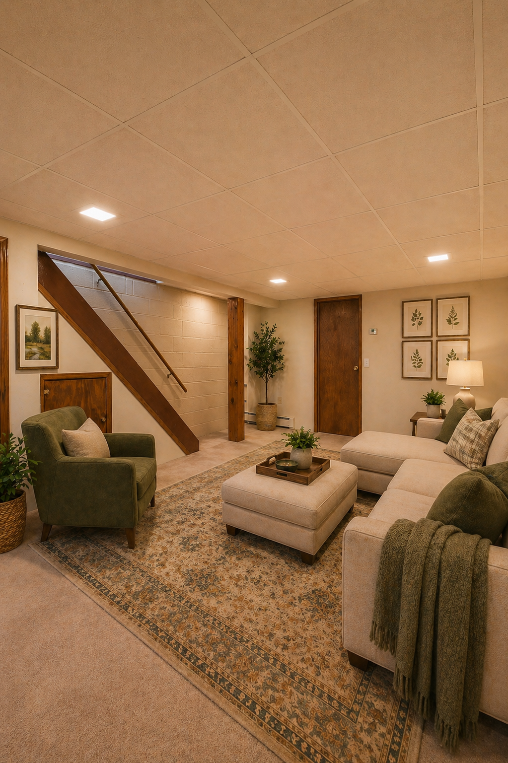 Same basement after virtual staging as a family lounge