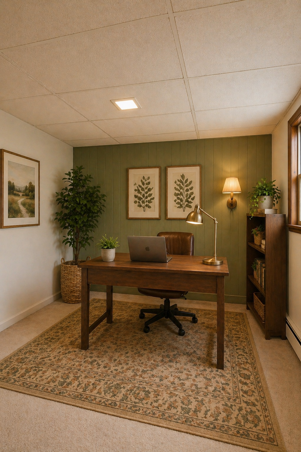 Same basement room virtually remodeled into a modern home office